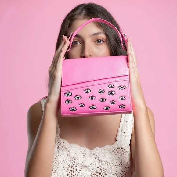Anastasio Micro Crossbody Handbag Bubblegum Pink Leather - Eyes Embroidery - Picture 9 of 11